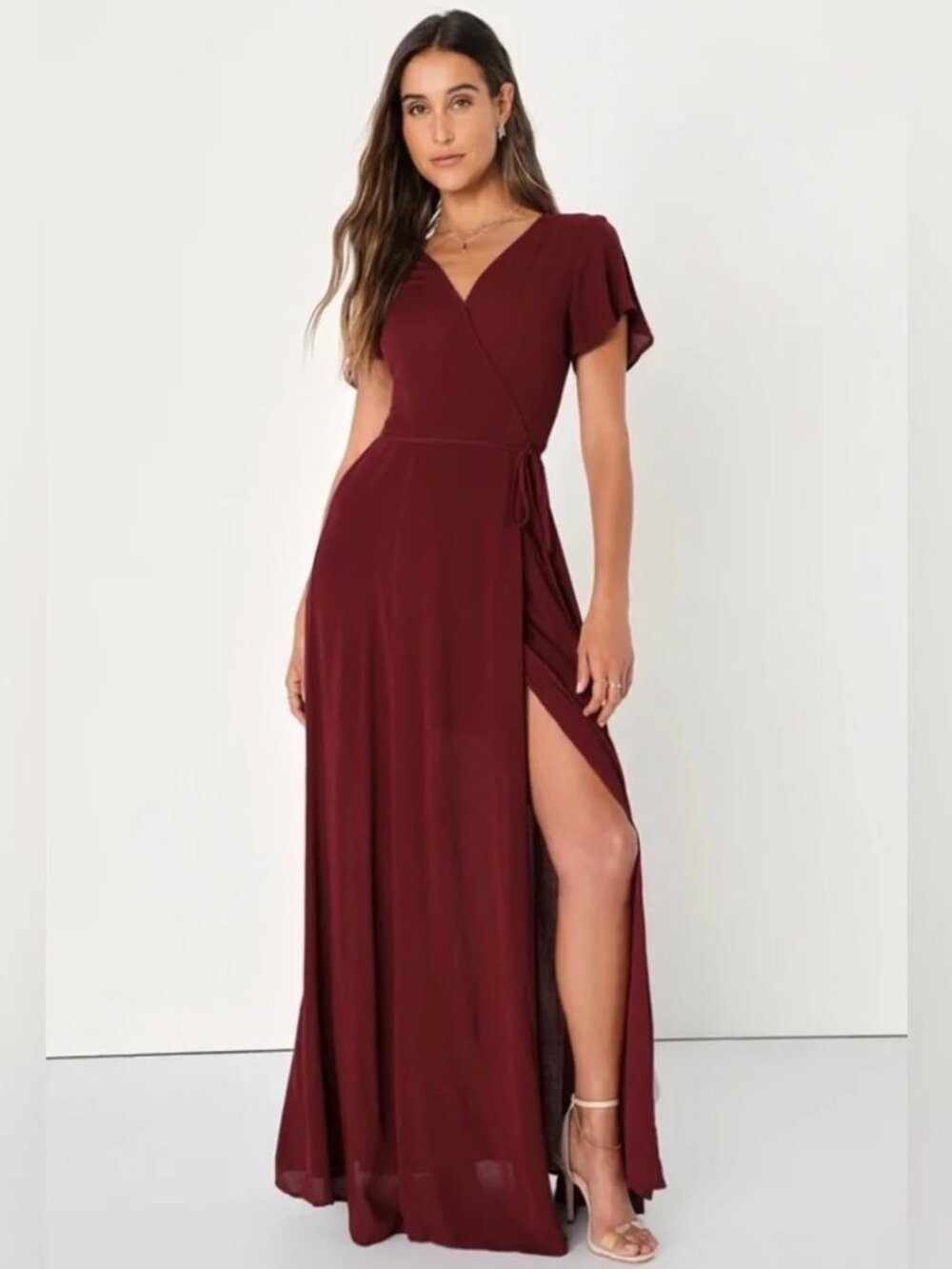 Lulus Burgundy Wrap Maxi Dress Heart of Marigold Medium NEW NWT